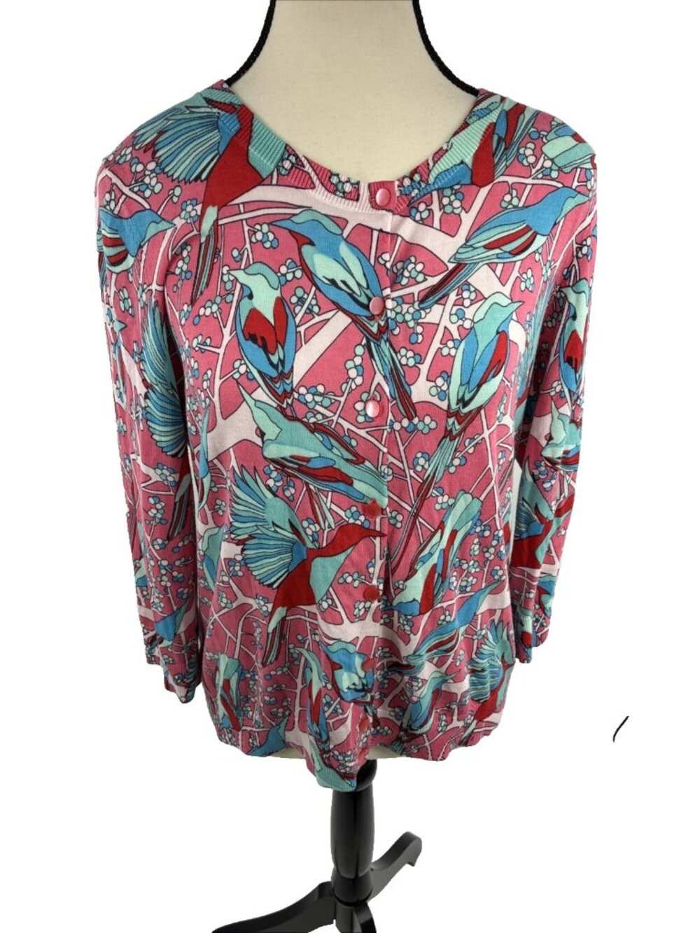 Talbots Petites Womens Cardigan Sweater Bird Floral Print Pink Blue LP Button